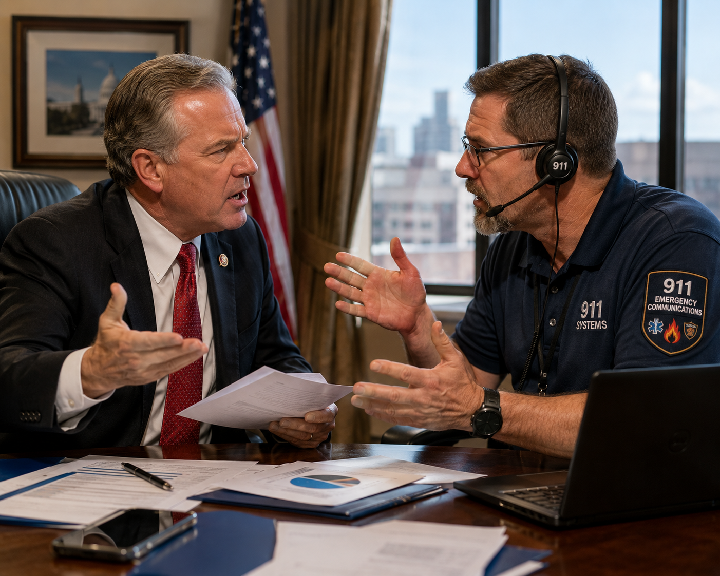 A public official and a 911 communications professional discussing emergency communications