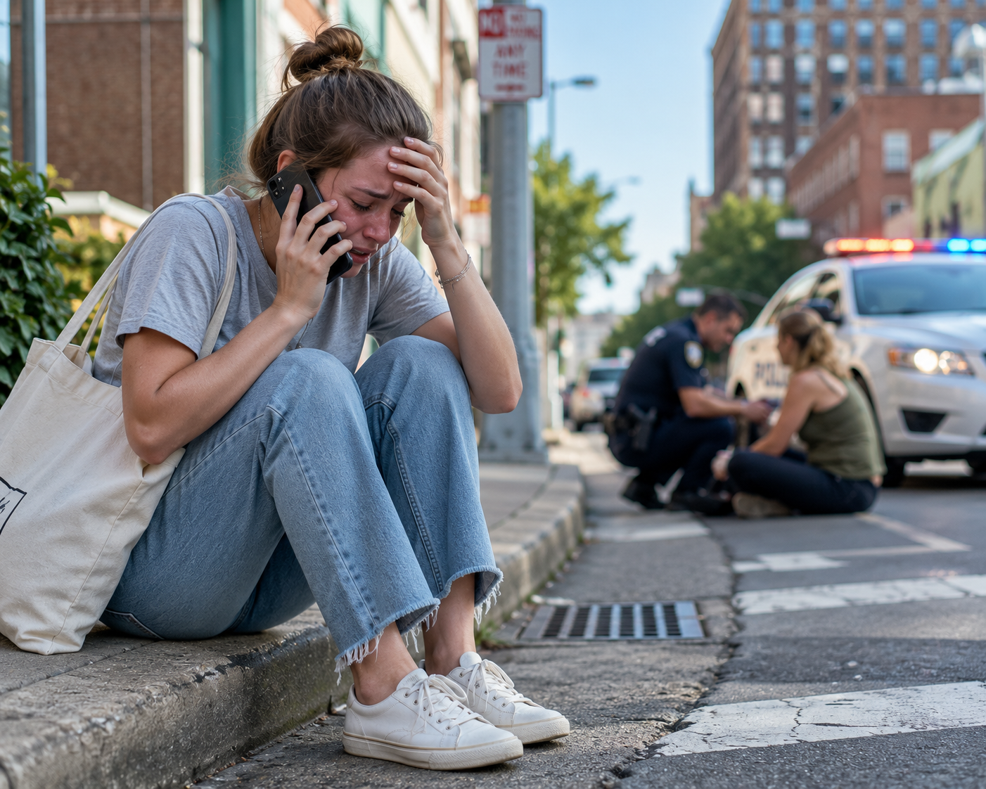 A distressed caller using a mobile phone as emergency responders assist nearby