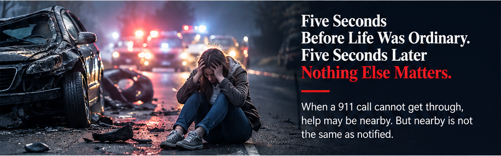 Crash scene with the message Five Seconds Before Life Was Ordinary. Five Seconds Later Nothing Else Matters. When a 911 call cannot get through, help may be nearby, but nearby is not the same as notified.