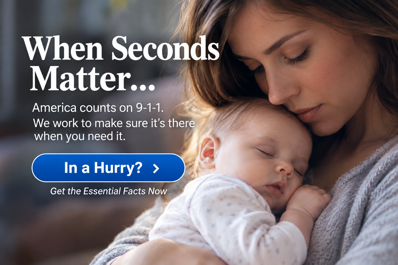 When Seconds Matter, a mother holding her sleeping baby, with a link to essential facts about invisible 911 calls