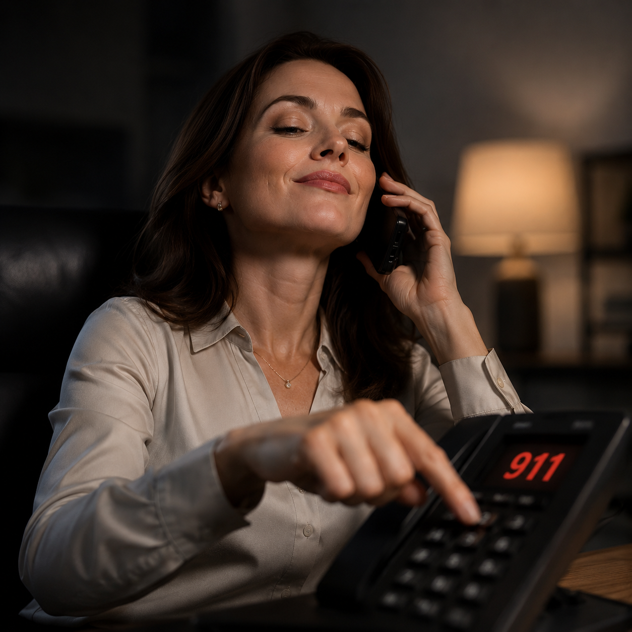 A woman using a phone beside a 911 telephone